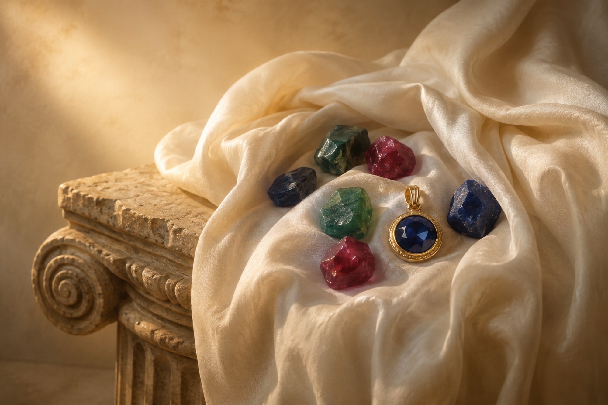 Draped ivory silk, a marble column and scattered rough gemstones